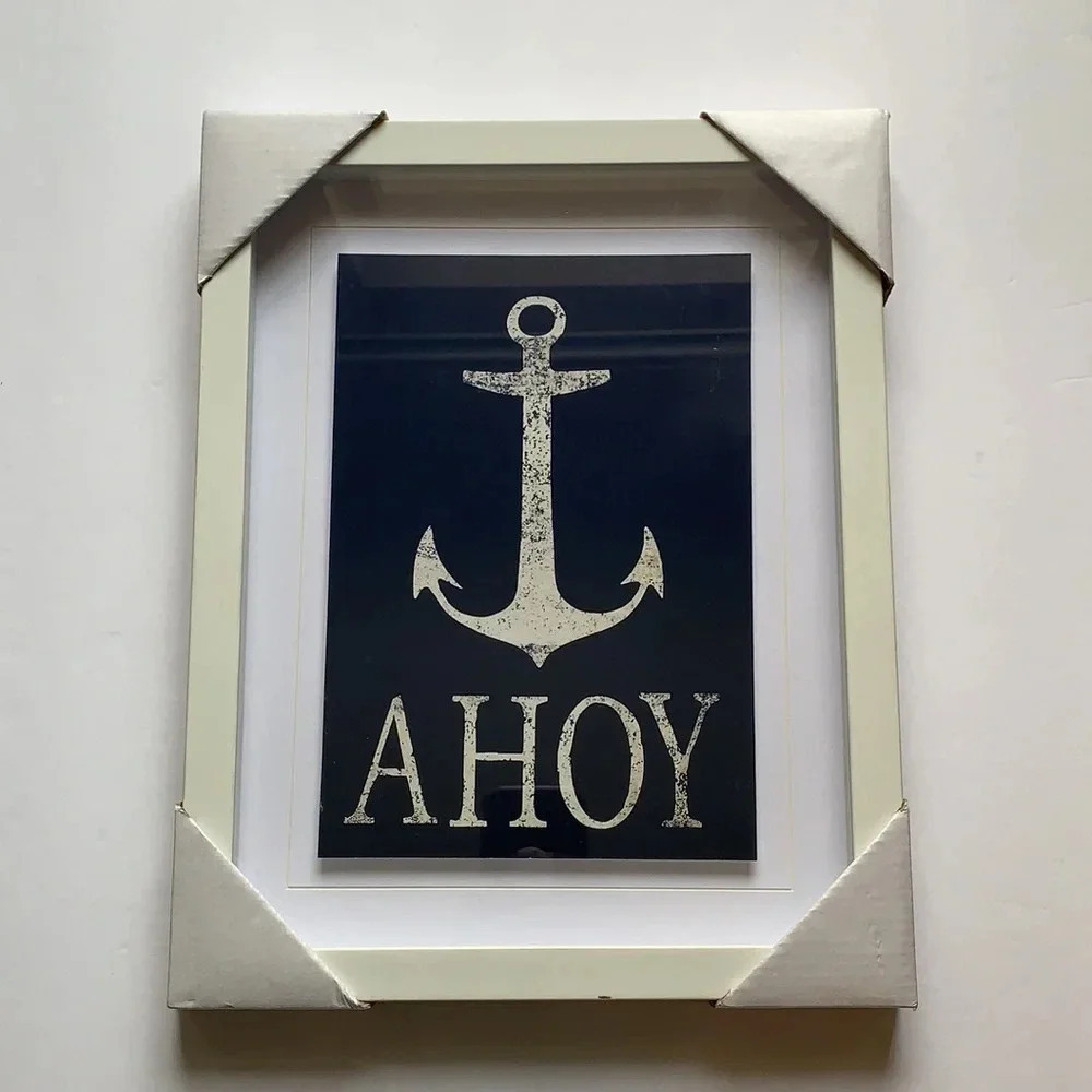 AHOY Anchor Wall Art Nautical 14x11 Framed Art - Picture 2 of 3